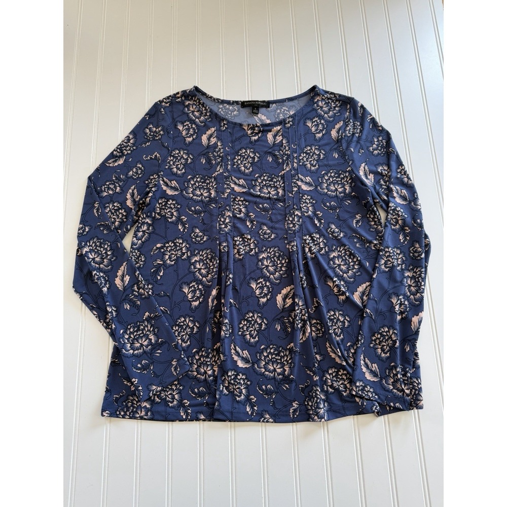 Banana Republic Womens S Blue White Floral Blouse Pleated Front Stretch